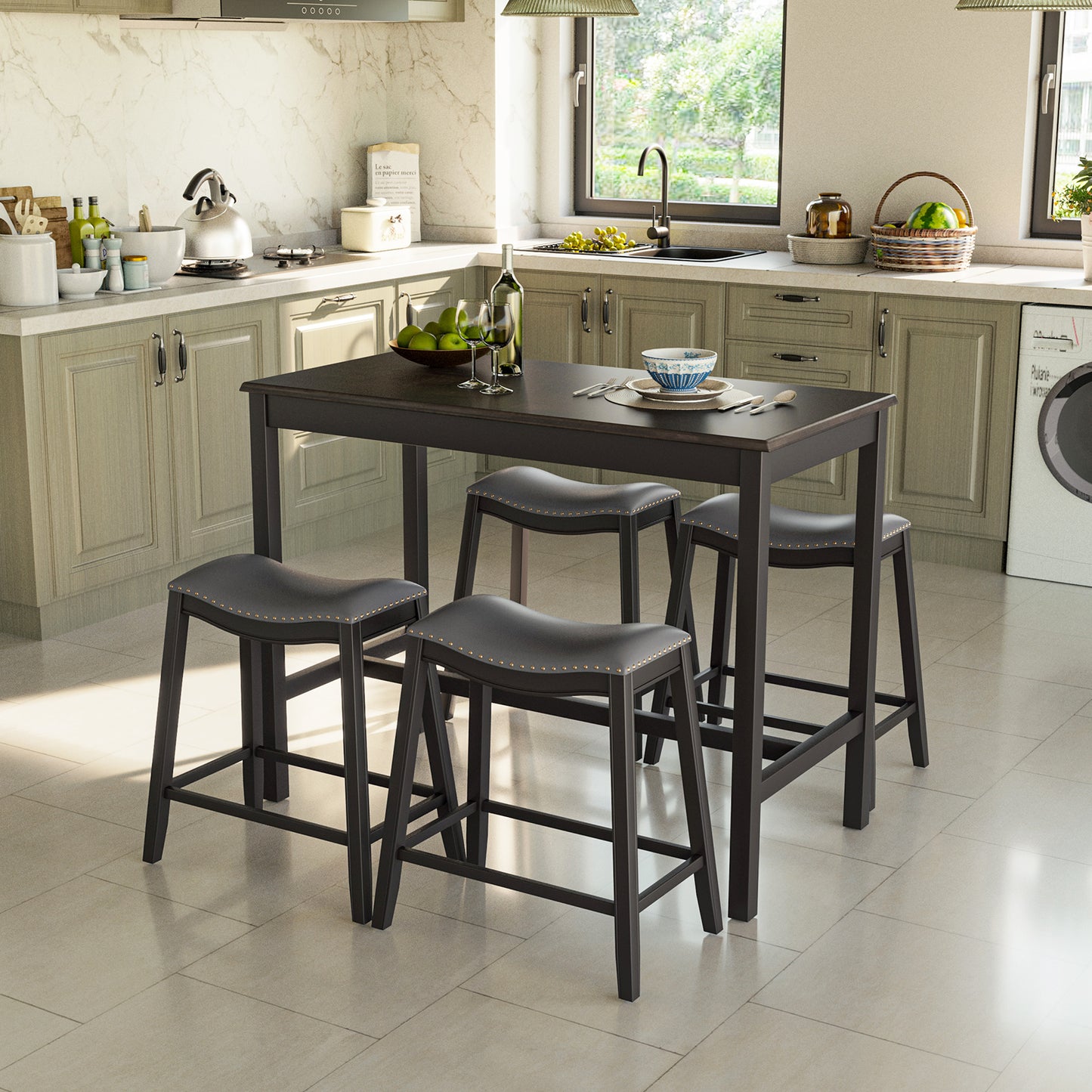 Topbuy Dining Table Set for 4 Kitchen Counter Height Table with 4 Stools 5 Piece Bistro Table Set Rubber Wood Pub Dinner Table Set