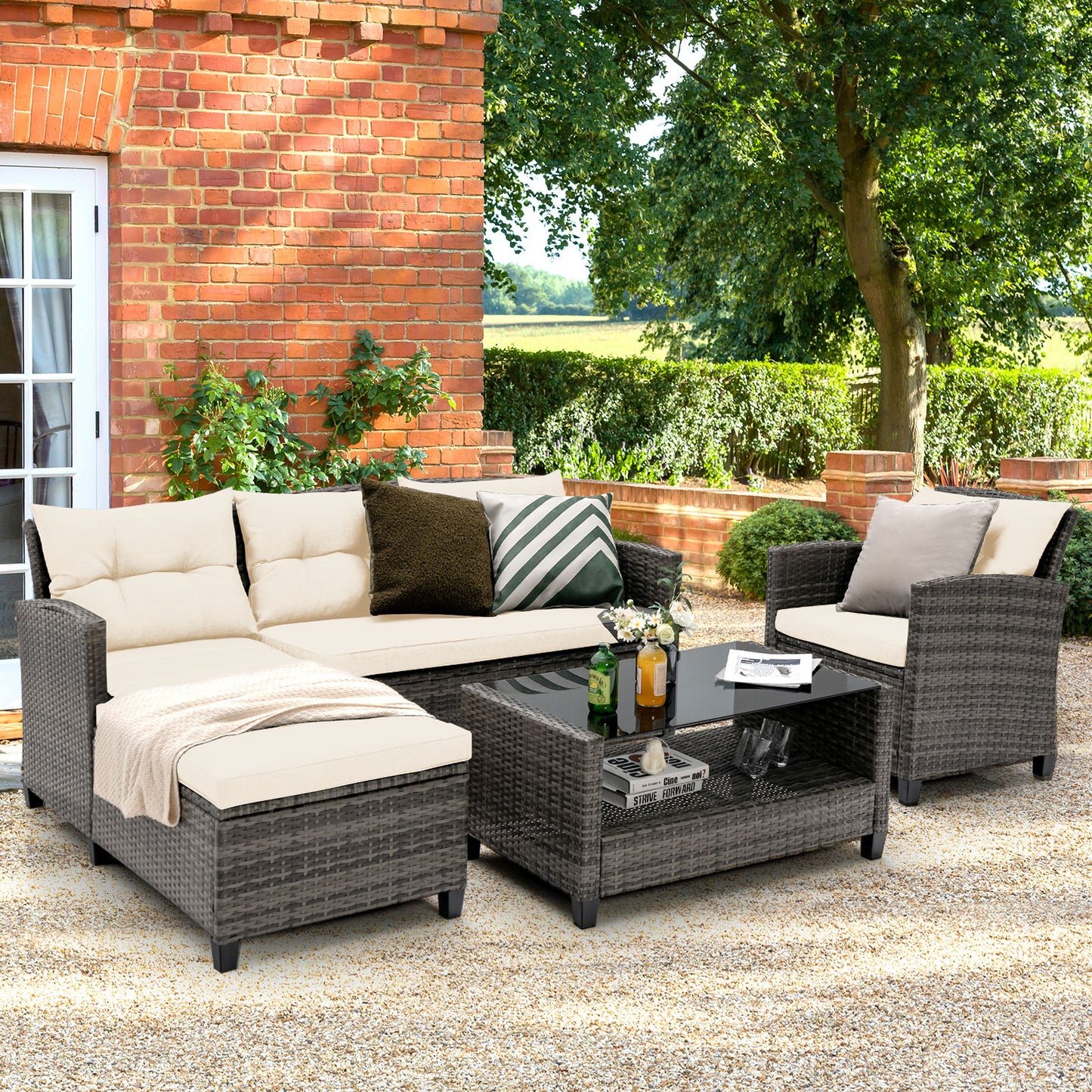 Topbuy 4 Piece Patio Rattan Set Outdoor Wicker Conversation Set w/ Lounge Sofa 2-Tier Coffee Table Tempered Glass Tabletop