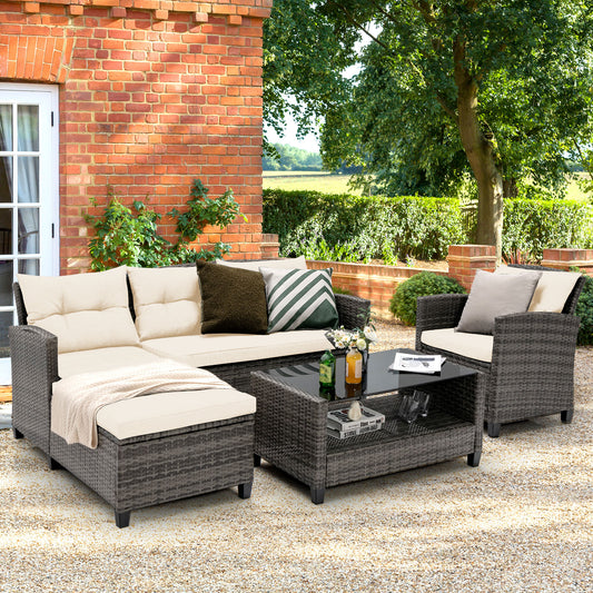 Topbuy 4 Piece Patio Rattan Set Outdoor Wicker Conversation Set w/ Lounge Sofa 2-Tier Coffee Table Tempered Glass Tabletop