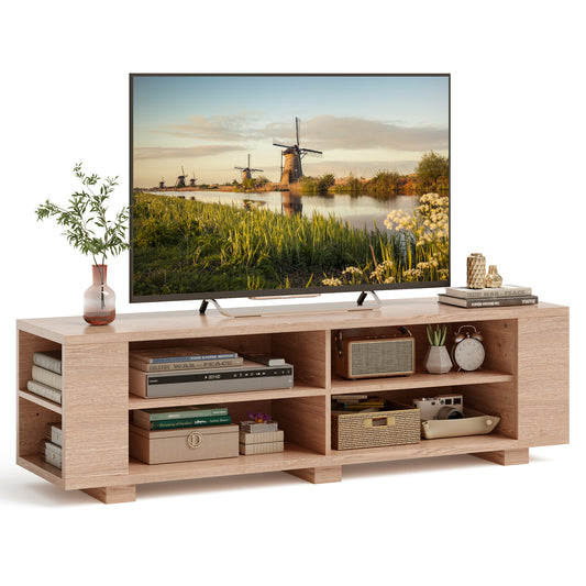 Topbuy TV Stand for 65 Inches TVs Modern Entertainment Center with 8 Open Shelves & 4 Cable Holes MDF TV Console Table Oak