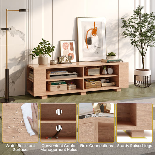 Topbuy TV Stand for 65 Inches TVs Modern Entertainment Center with 8 Open Shelves & 4 Cable Holes MDF TV Console Table Oak
