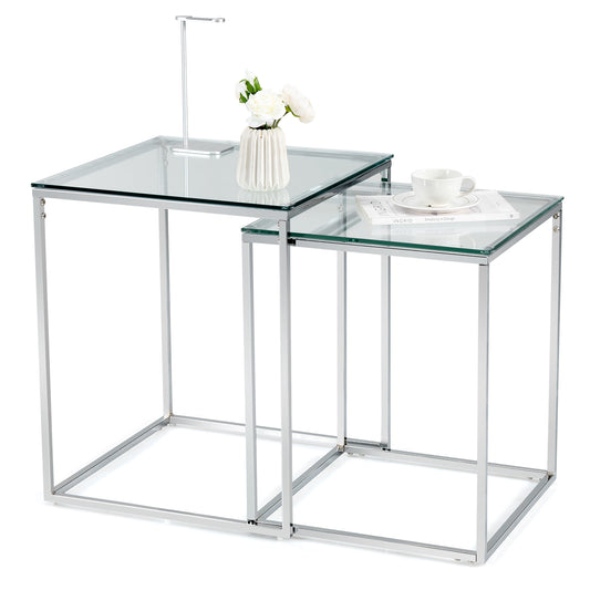 Topbuy Nesting Side Table Set of 2 2-in-1 Detachable Tempered Glass Table Set Faux Glass Top 2 PCS Coffee Table Set w/ Metal Frame