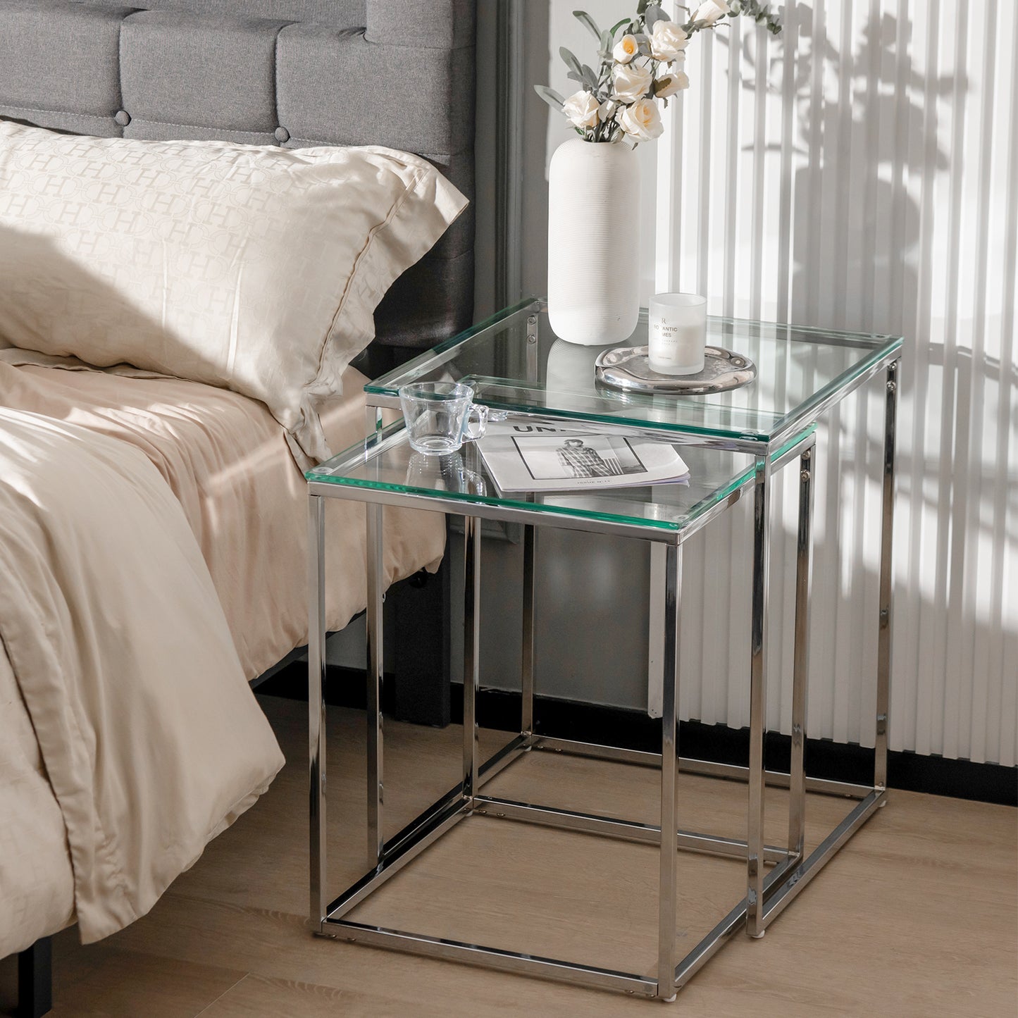 Topbuy Nesting Side Table Set of 2 2-in-1 Detachable Tempered Glass Table Set Faux Glass Top 2 PCS Coffee Table Set w/ Metal Frame