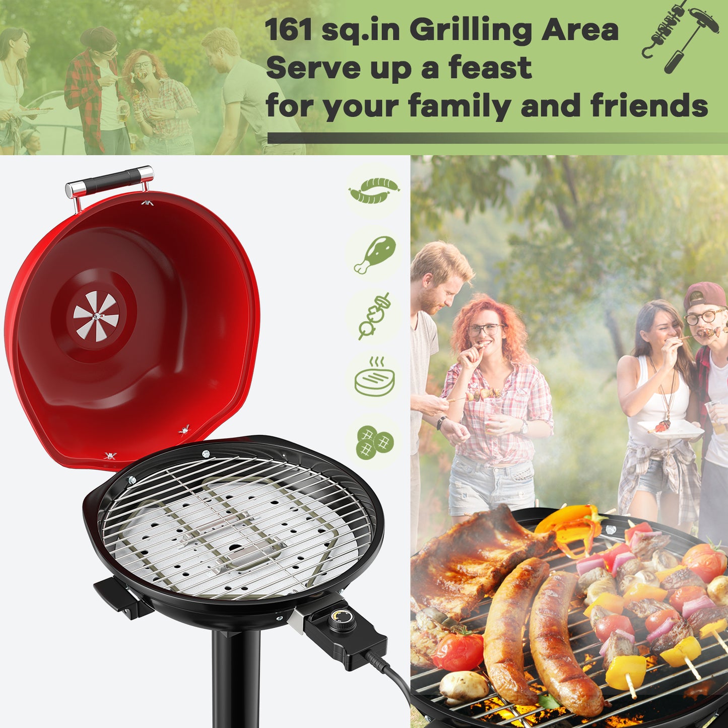 Patiojoy Electric BBQ Grill Portable Grill with Metal Cooking Grilling Rack Detachable Temperature Control & Removable Grease Collector Black/Red