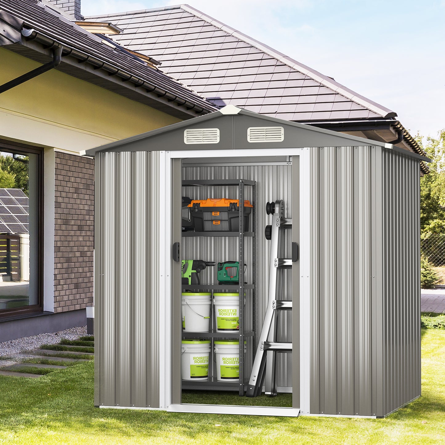 Topbuy 6' x 4' Outdoor Storage Shed Weather Resistant Galvanized Steel Shed with Tilted Roof Lockable Sliding Doors & 4 Air Vents