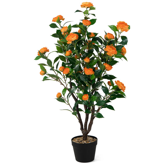 Topbuy 40'' Artificial Camellia Tree Faux Flower Plant Artificial Tree in Cement Pot Greenery Potted Plant for Outdoor & Indoor Decor