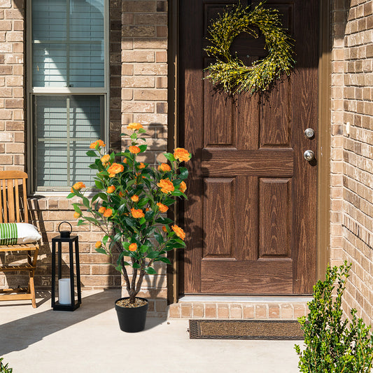 Topbuy 40'' Artificial Camellia Tree Faux Flower Plant Artificial Tree in Cement Pot Greenery Potted Plant for Outdoor & Indoor Decor