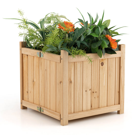 Topbuy Fir Wood Raised Garden Bed Outdoor Elevated Planter w/Drainage Hole Folding Square Planter Box 15'' x 15'' x 12.5''