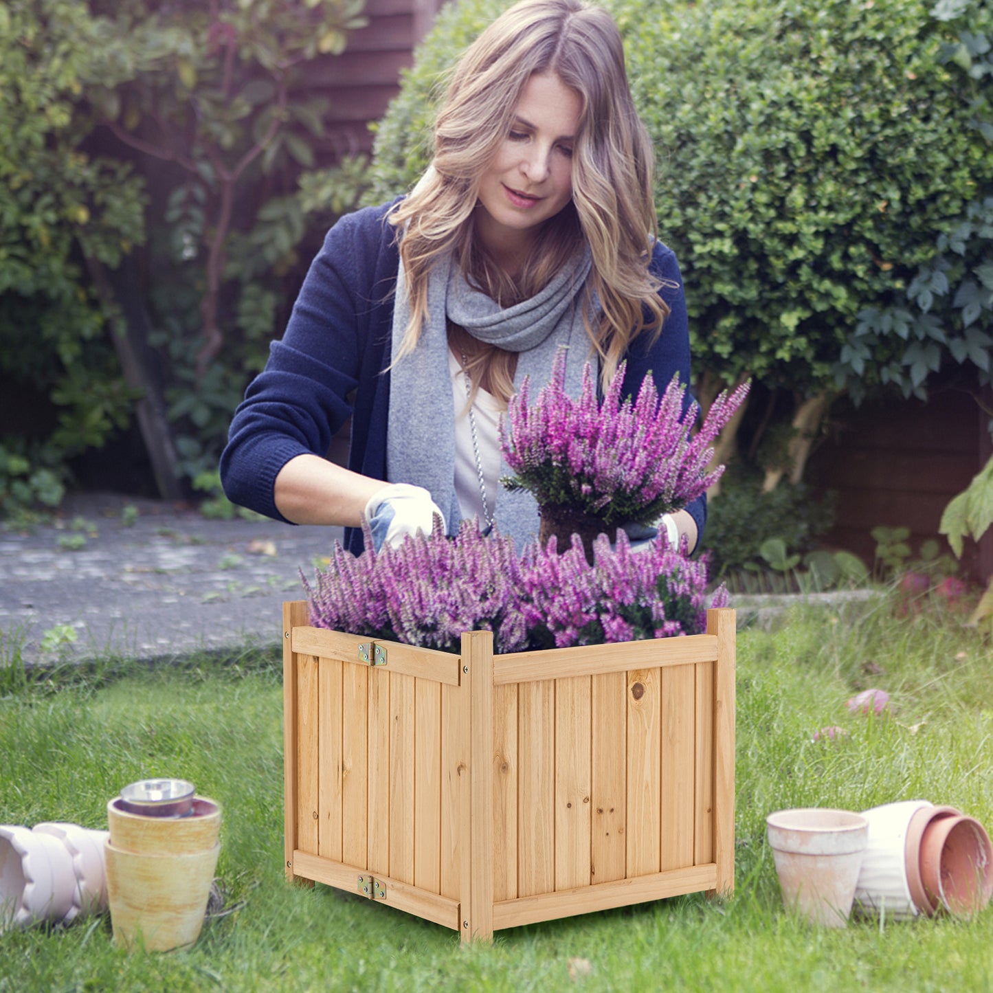 Topbuy Fir Wood Raised Garden Bed Outdoor Elevated Planter w/Drainage Hole Folding Square Planter Box 15'' x 15'' x 12.5''