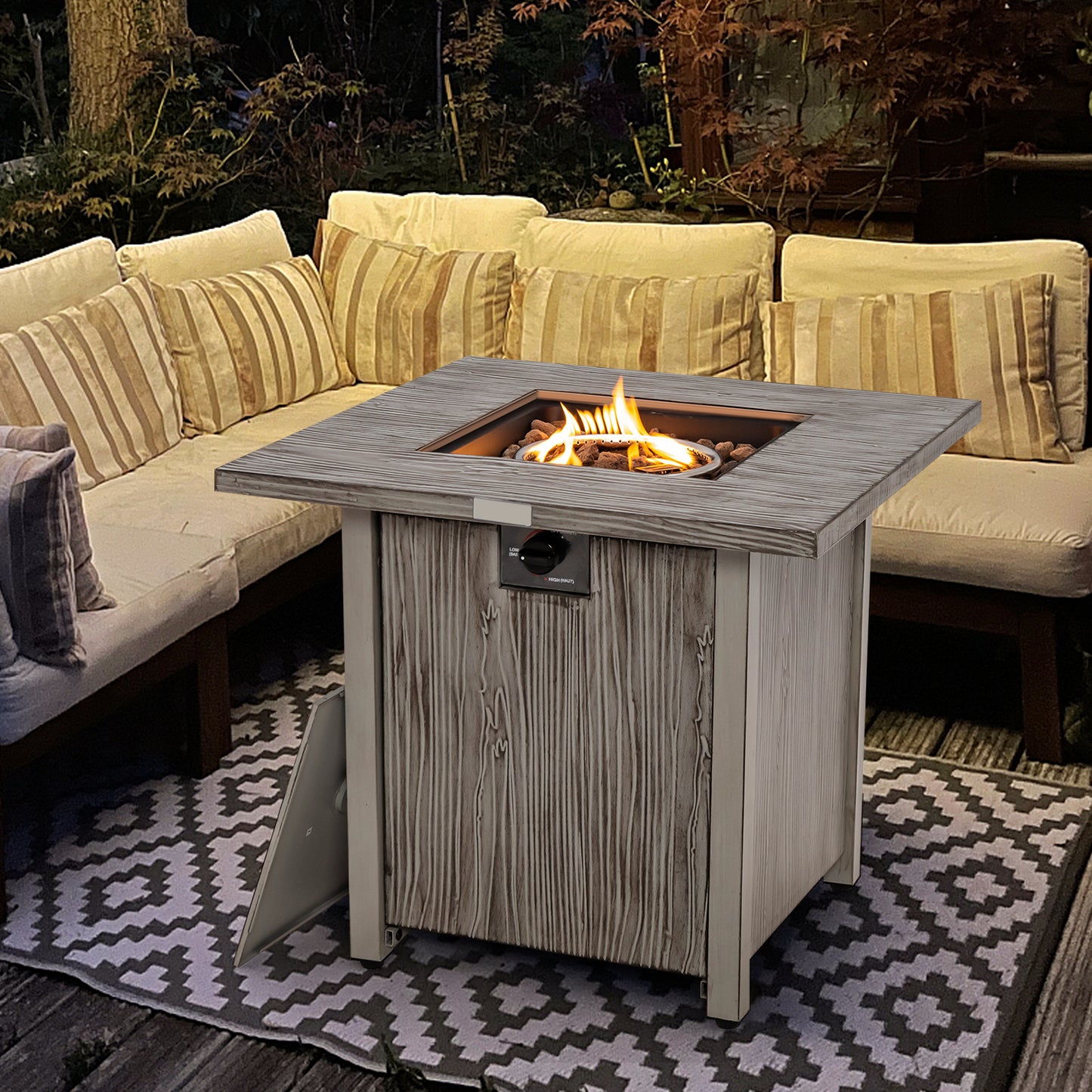 Topbuy 28'' Propane Fire Pit Table 40,000 BTU Outdoor Propane Gas Fire Table with Wood-like Tabletop Lid and Lava Rocks with PVC Cover