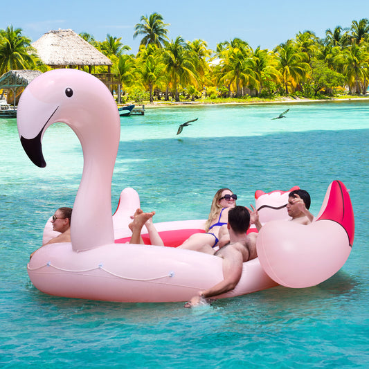 Topbuy 4-6 Persons Inflatable Lake Float Flamingo Floating Island w/ Inner Loop & Floating Mat Blow-up Party Floatie with Electric Air Pump & 6 Cup Holders