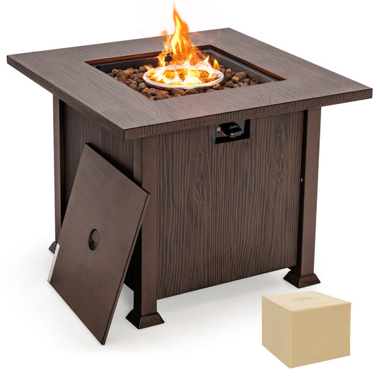 Topbuy 32'' Propane Fire Pit Table 50,000 BTU Outdoor Propane Gas Fire Table with Wood-like Tabletop Lid and Lava Rocks with PVC Cover