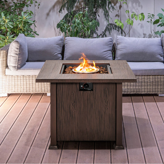 Topbuy 32'' Propane Fire Pit Table 50,000 BTU Outdoor Propane Gas Fire Table with Wood-like Tabletop Lid and Lava Rocks with PVC Cover