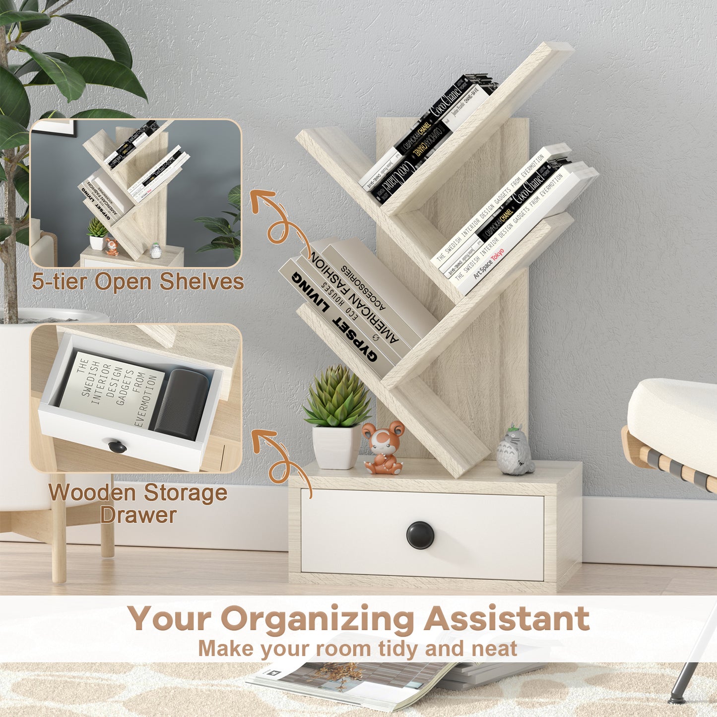 Topbuy Tree-shaped Bookshelf 5-Tier Free Standing Bookcase with Pull-out Drawer 24inch Retro Storage Rack for CDs