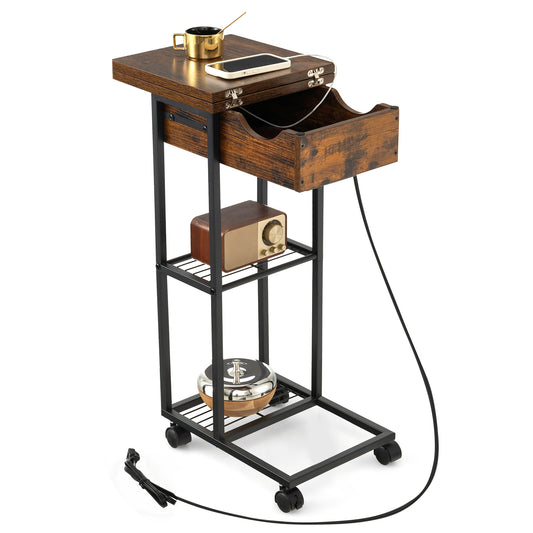 Topbuy C-shaped End Table with Charging Station & USB Port Sliding Sofa Side Table w/ Flip Top & Storage Shelves Narrow Snack Table w/ Lockable Casters