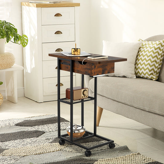 Topbuy C-shaped End Table with Charging Station & USB Port Sliding Sofa Side Table w/ Flip Top & Storage Shelves Narrow Snack Table w/ Lockable Casters