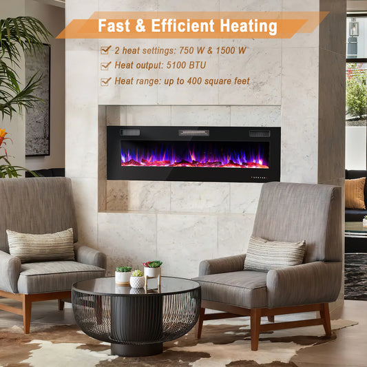 Topbuy 60 Inch Linear Electric Fireplace Ultra-Thin Recessed Wall Mounted Fireplace w/ 8H Timer 12 Adjustable Flame/Bed Color