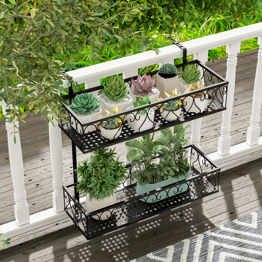 Topbuy 2-Tier Hanging Flower Rack Hanging Flower Pot Holder w/ Adjustable Hooks Railing Basket Shelf Metal Potted Plant Container