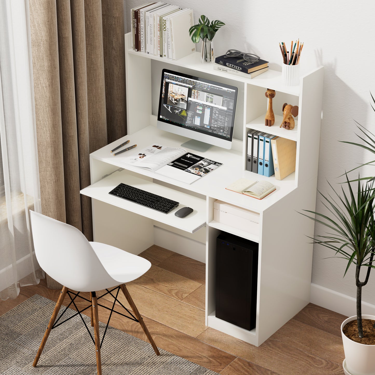 Topbuy Computer Desk with Storage Shelf Wooden Writing Desk w/ Hutch Office Desk with CPU Stand & Keyboard Tray