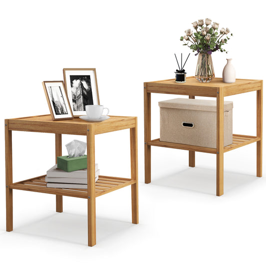 Topbuy Bamboo Nightstand Set of 2 2-tier Side Table w/ Bottom Shelf Square End Table Beside Sofa & Bed Compact Nightstand for Small Space