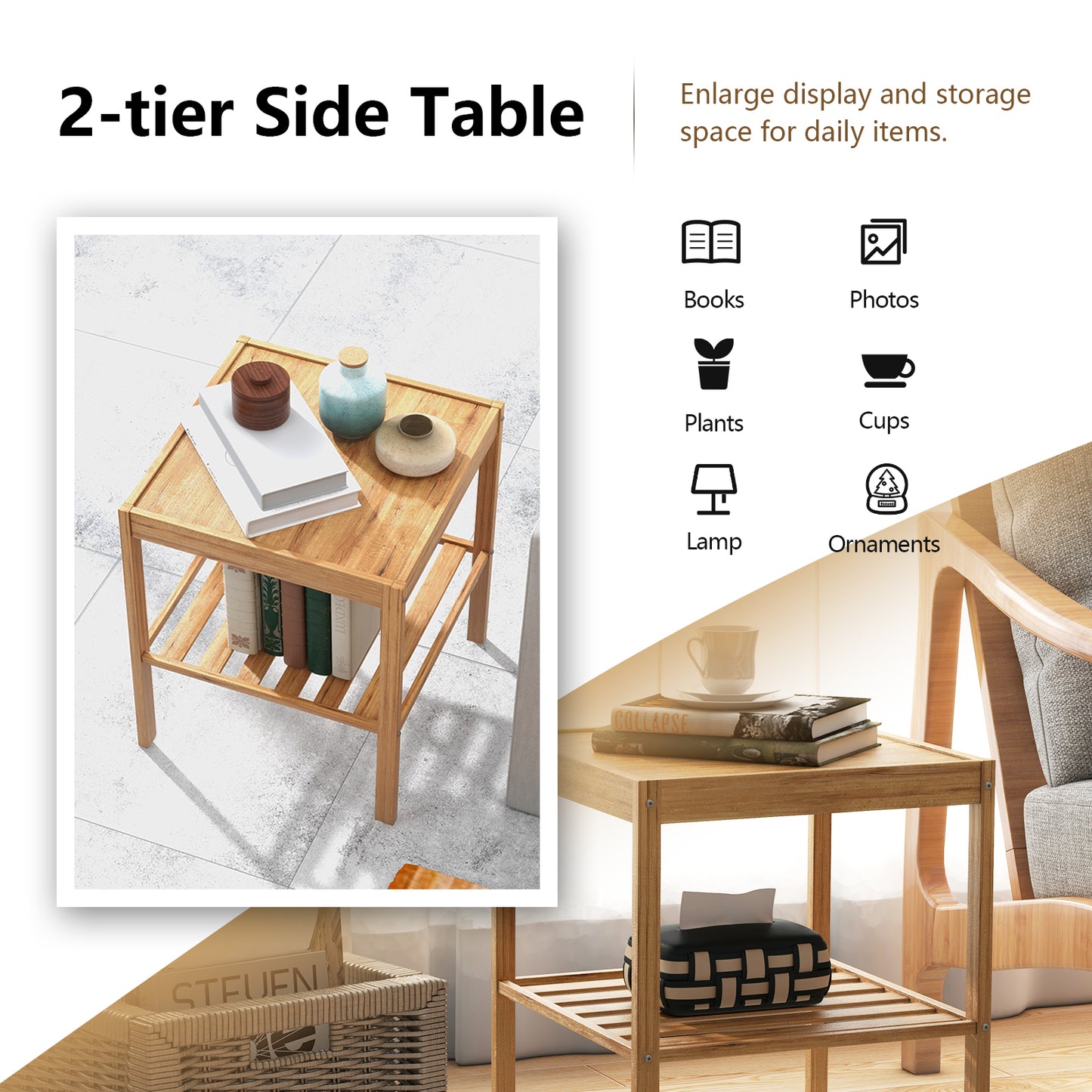 Topbuy Bamboo Nightstand Set of 2 2-tier Side Table w/ Bottom Shelf Square End Table Beside Sofa & Bed Compact Nightstand for Small Space