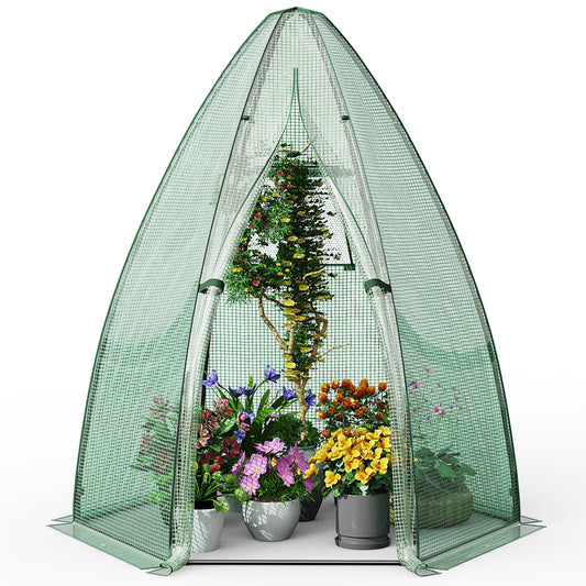 Topbuy 63'' x 63'' x 72'' Walk-In Greenhouse with Roll-Up Window & Door Hexagonal Green House with Metal Frame & Waterproof PE Cover
