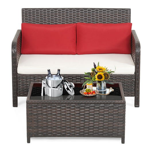 Topbuy 2 Piece Wicker Loveseat Set, Patio Rattan Loveseat w/ Coffee Table, Tempered Glass Tabletop & Heavy-Duty Metal Frame