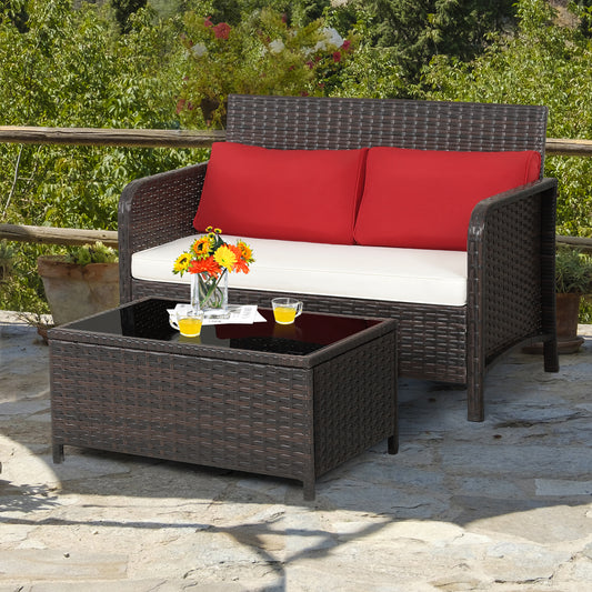 Topbuy 2 Piece Wicker Loveseat Set, Patio Rattan Loveseat w/ Coffee Table, Tempered Glass Tabletop & Heavy-Duty Metal Frame
