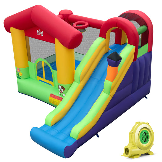 Topbuy Inflatable Bounce Castle Jumping Air Bounce Castle for Kids w/ Slide Jumping Area Climbing Wall Basketball Hoop