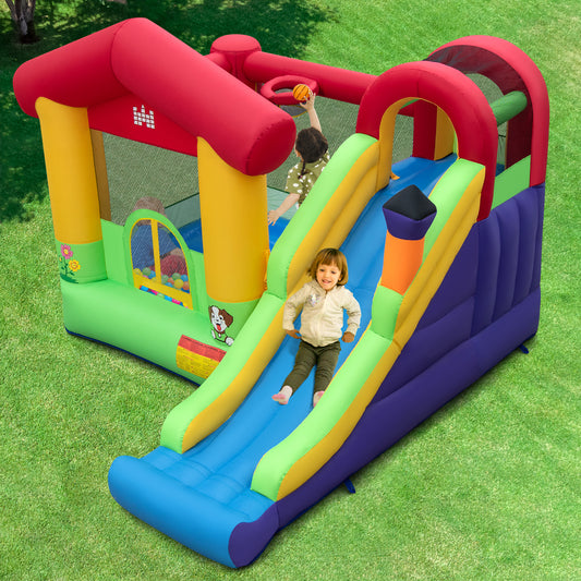 Topbuy Inflatable Bounce Castle Jumping Air Bounce Castle for Kids w/ Slide Jumping Area Climbing Wall Basketball Hoop