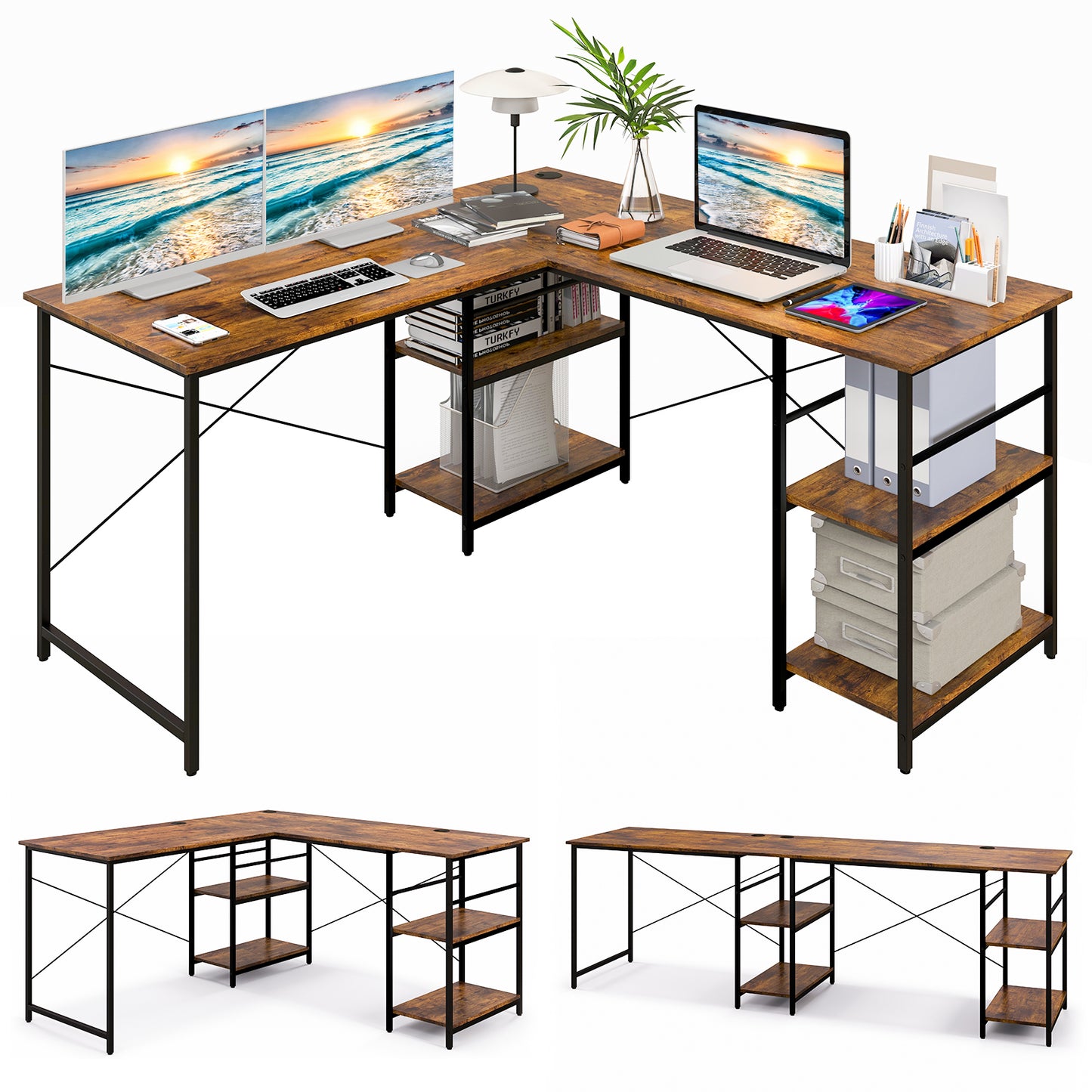 Topbuy Large L-shaped Computer Desk 60inch Convertible Corner Desk with 4 Storage Shelves 95inch 2-Person Long Study Writing Workstation