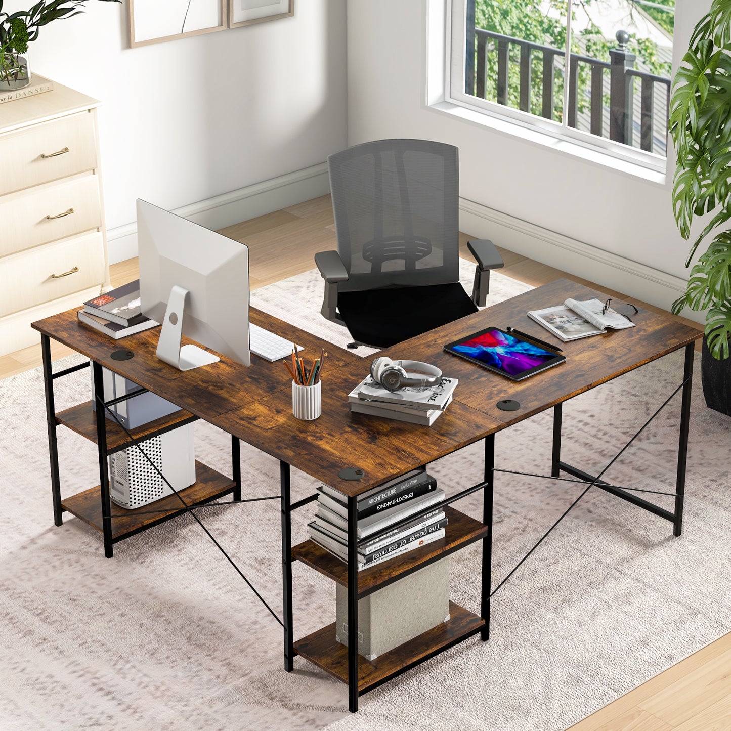 Topbuy Large L-shaped Computer Desk 60inch Convertible Corner Desk with 4 Storage Shelves 95inch 2-Person Long Study Writing Workstation