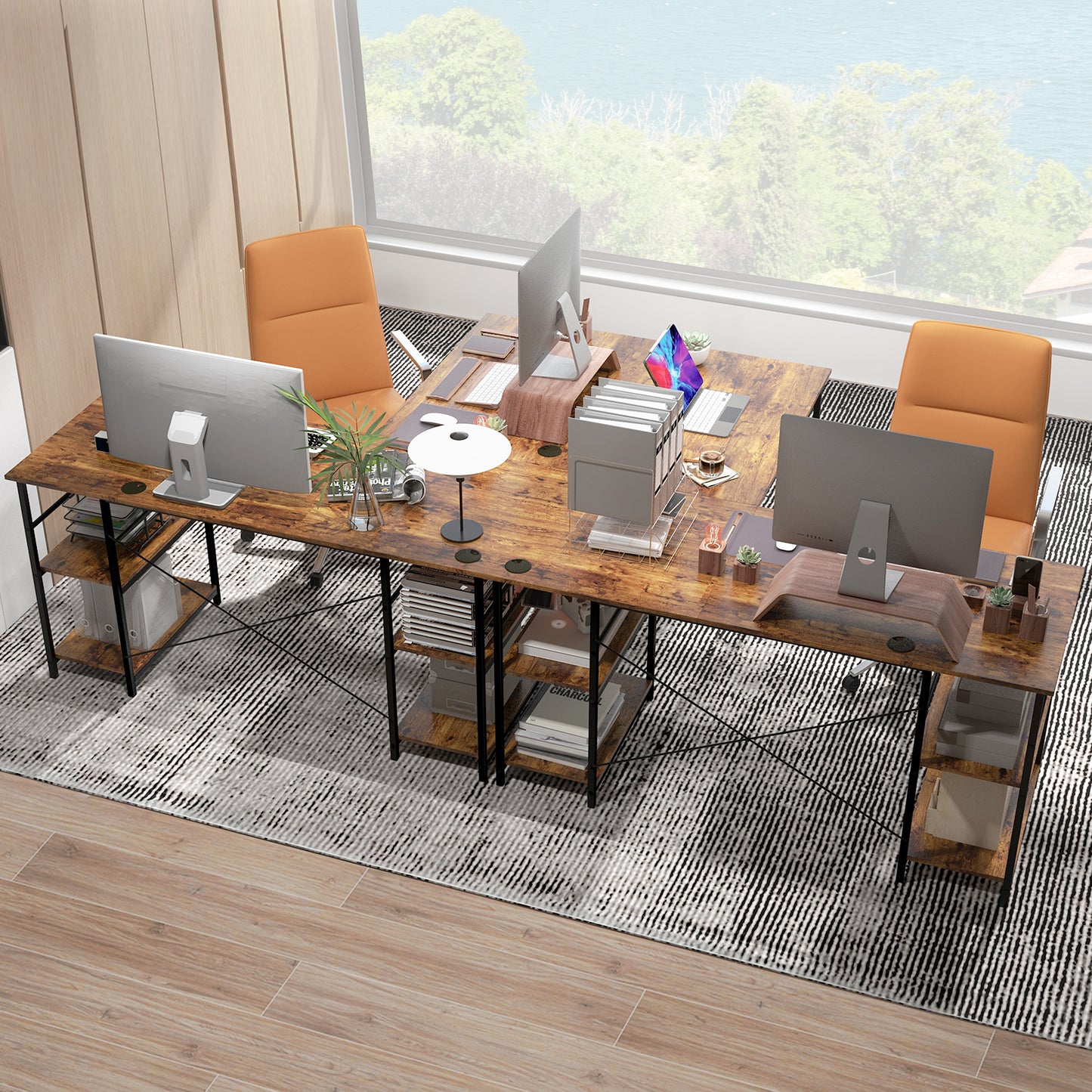 Topbuy Large L-shaped Computer Desk 60inch Convertible Corner Desk with 4 Storage Shelves 95inch 2-Person Long Study Writing Workstation