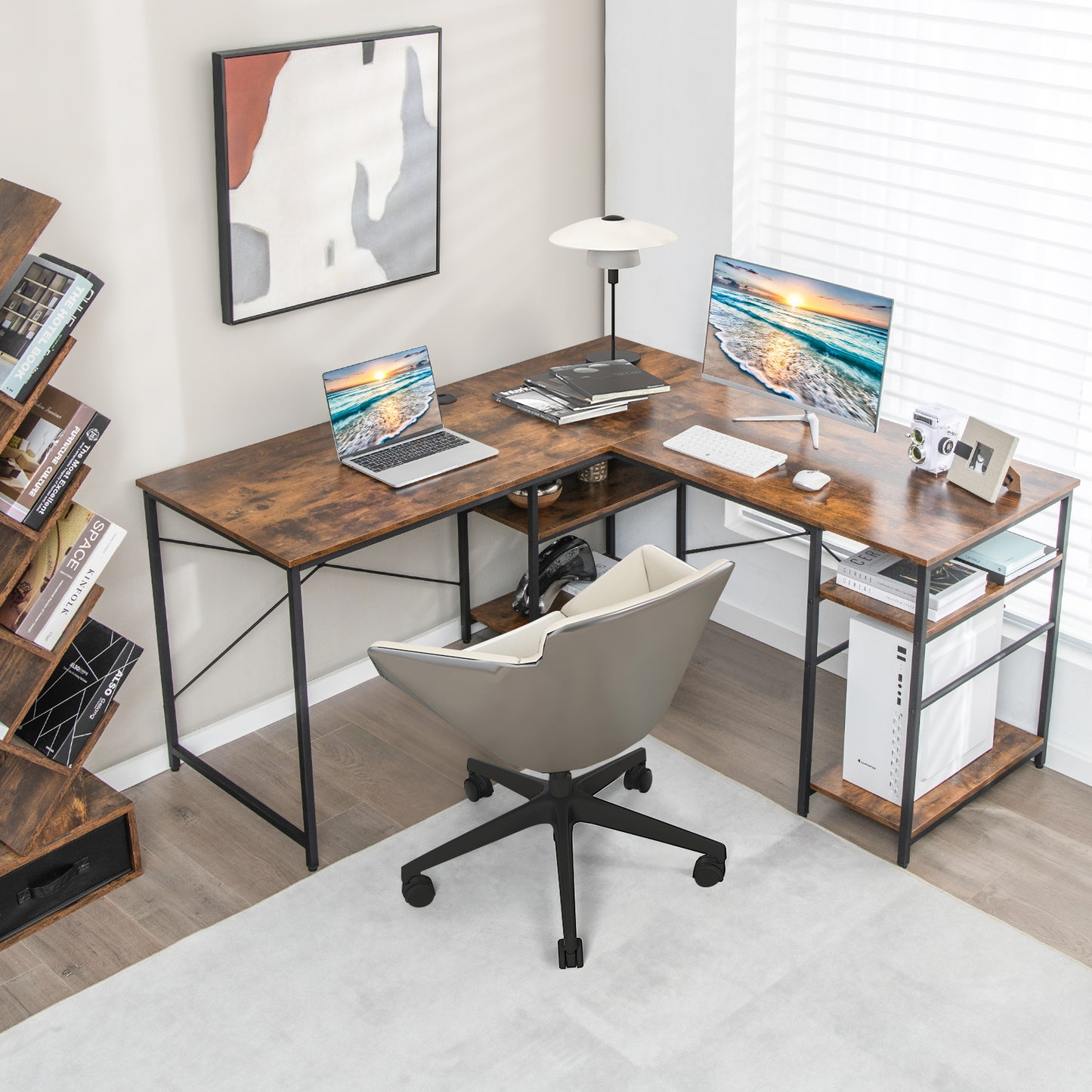 Topbuy Large L-shaped Computer Desk 60inch Convertible Corner Desk with 4 Storage Shelves 95inch 2-Person Long Study Writing Workstation