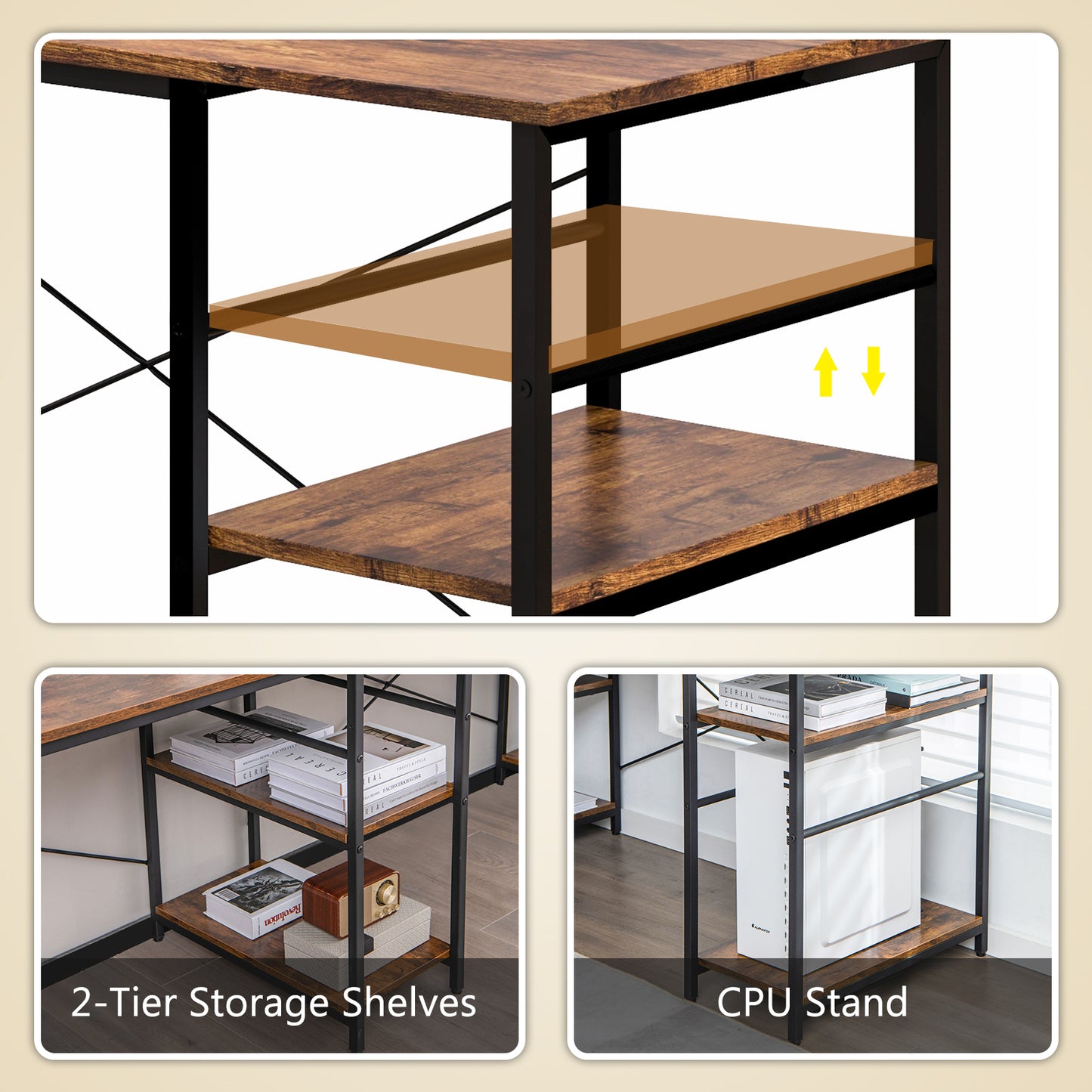Topbuy Large L-shaped Computer Desk 60inch Convertible Corner Desk with 4 Storage Shelves 95inch 2-Person Long Study Writing Workstation