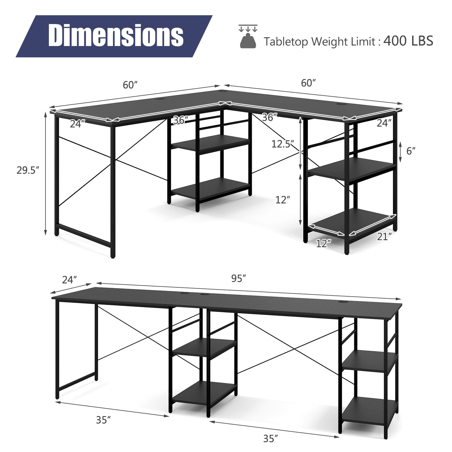 Topbuy Large L-shaped Computer Desk 60inch Convertible Corner Desk with 4 Storage Shelves 95inch 2-Person Long Study Writing Workstation
