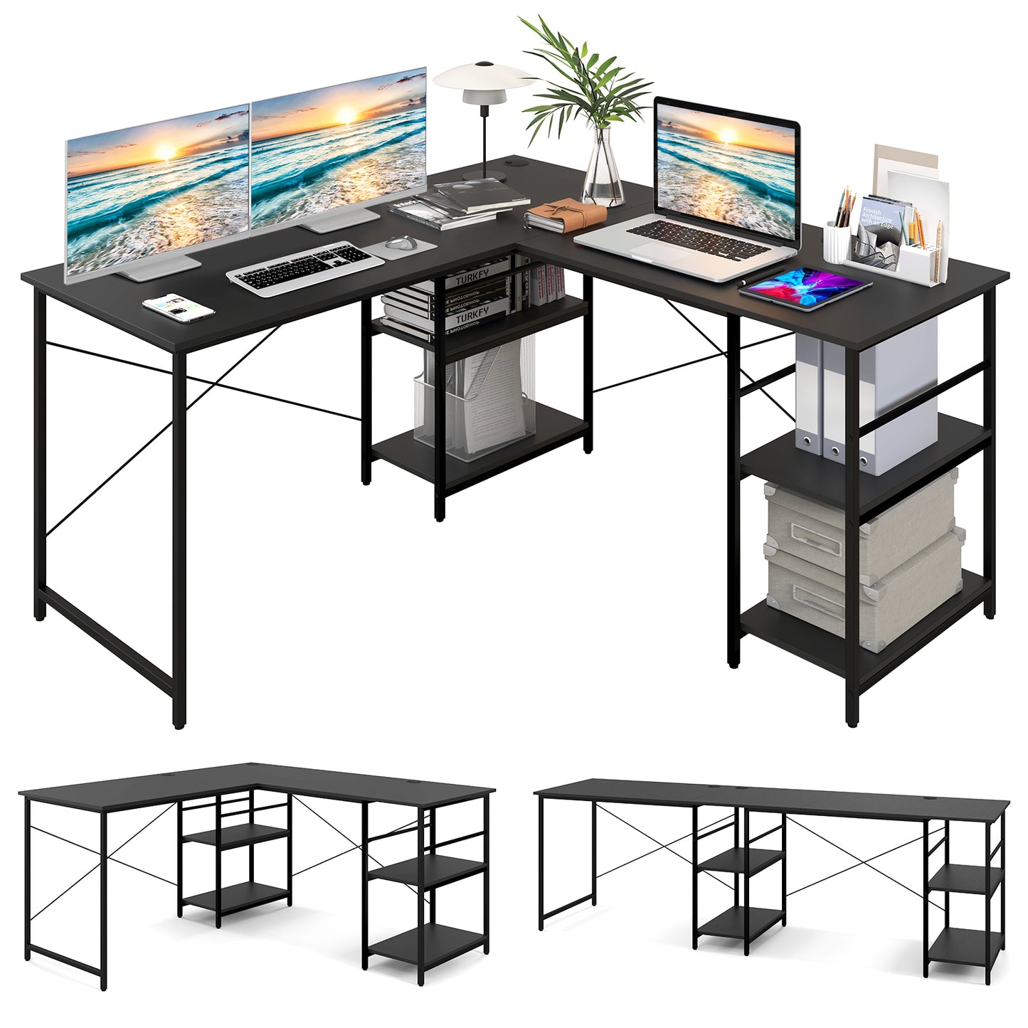 Topbuy Large L-shaped Computer Desk 60inch Convertible Corner Desk with 4 Storage Shelves 95inch 2-Person Long Study Writing Workstation