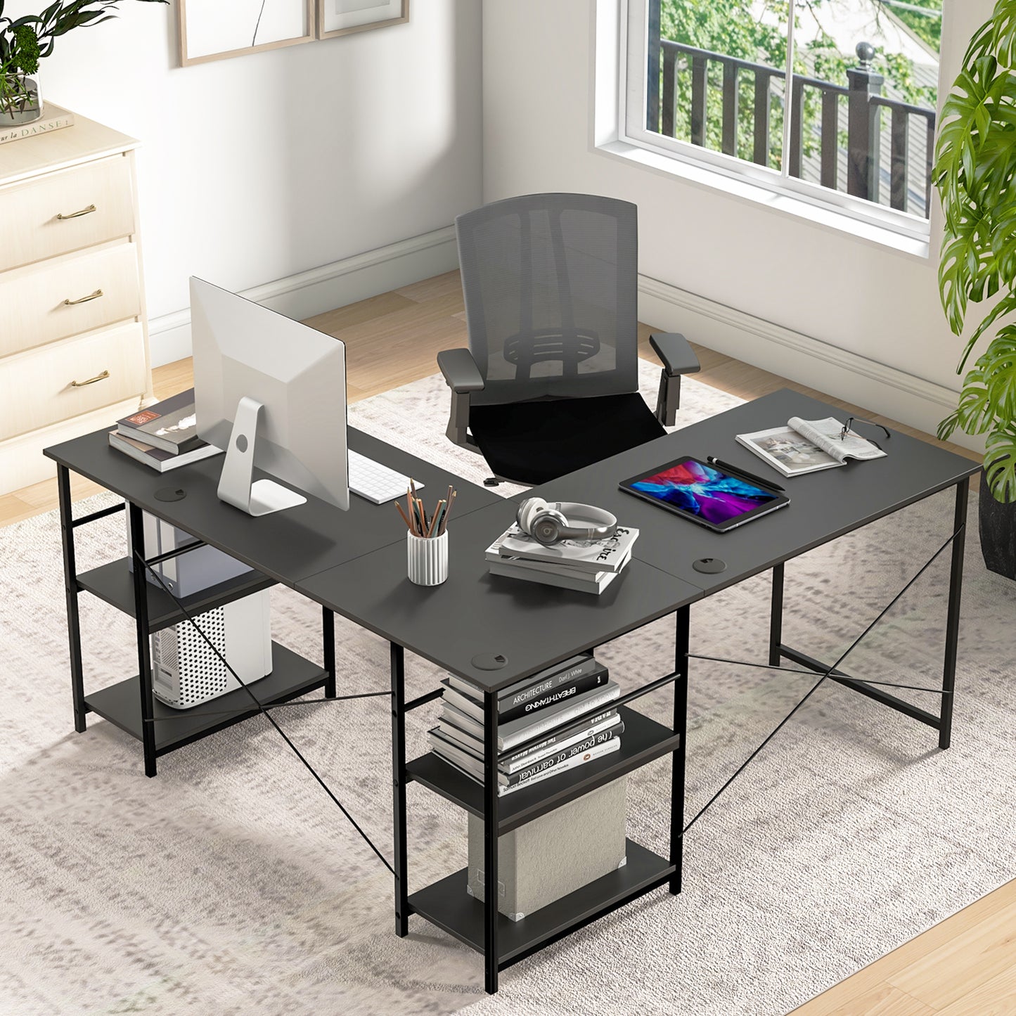 Topbuy Large L-shaped Computer Desk 60inch Convertible Corner Desk with 4 Storage Shelves 95inch 2-Person Long Study Writing Workstation
