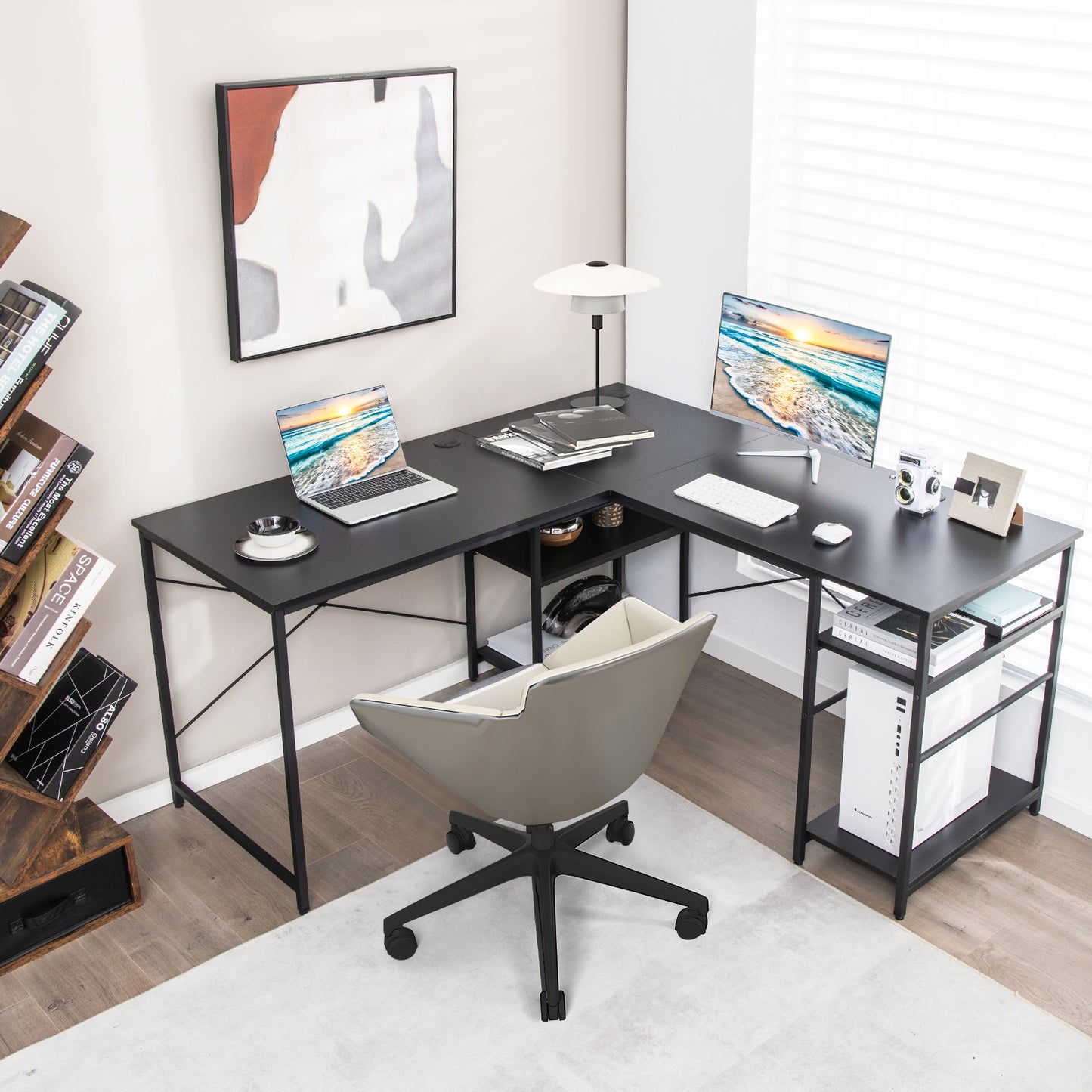 Topbuy Large L-shaped Computer Desk 60inch Convertible Corner Desk with 4 Storage Shelves 95inch 2-Person Long Study Writing Workstation