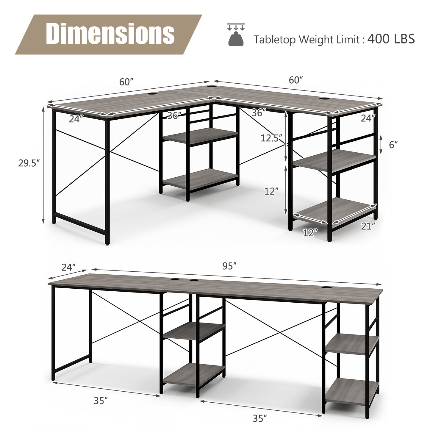 Topbuy Large L-shaped Computer Desk 60inch Convertible Corner Desk with 4 Storage Shelves 95inch 2-Person Long Study Writing Workstation