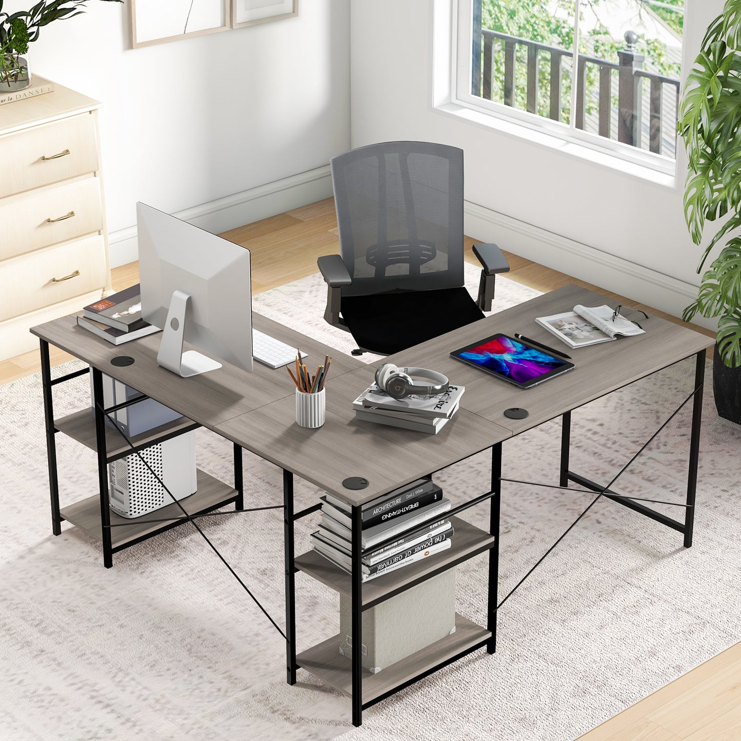 Topbuy Large L-shaped Computer Desk 60inch Convertible Corner Desk with 4 Storage Shelves 95inch 2-Person Long Study Writing Workstation