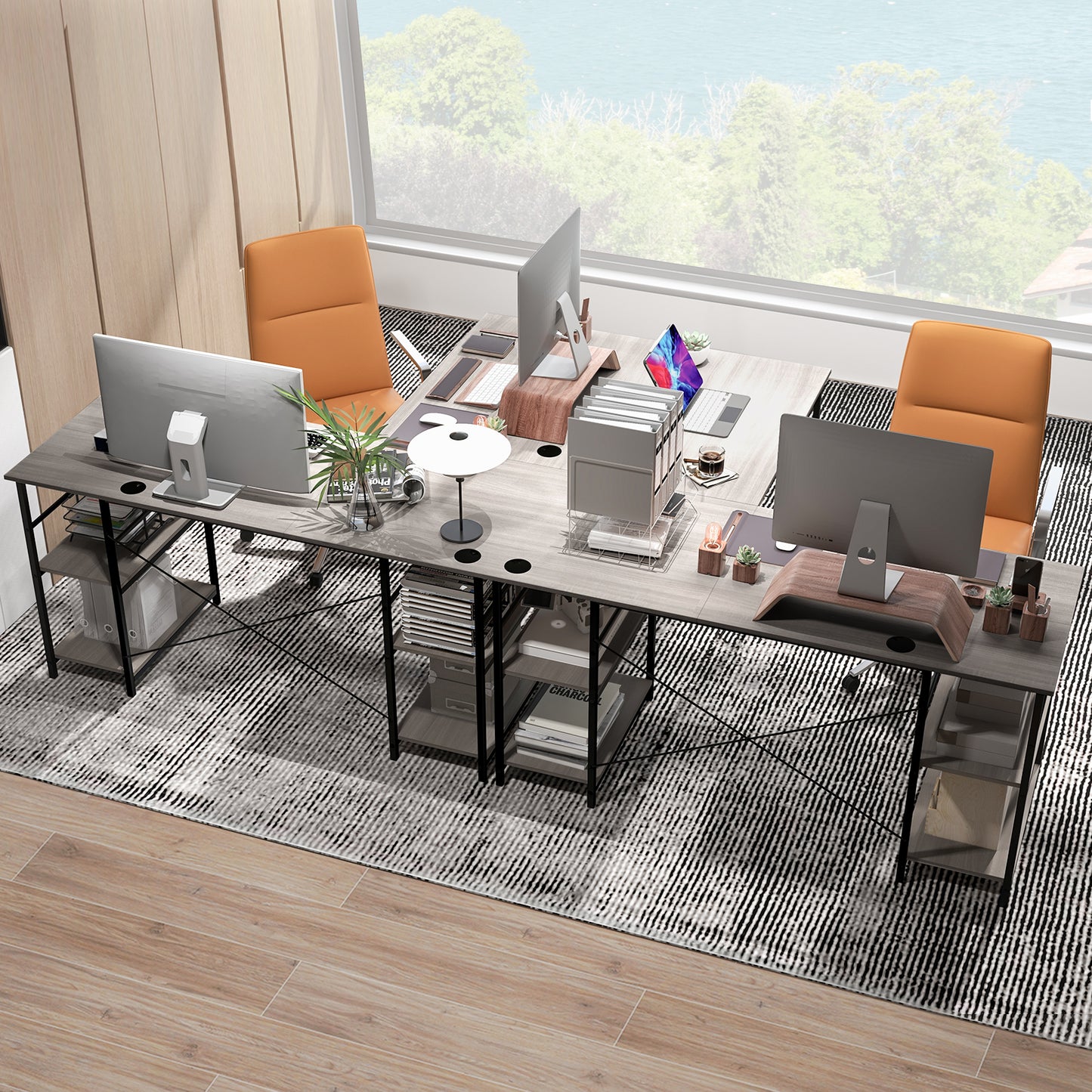 Topbuy Large L-shaped Computer Desk 60inch Convertible Corner Desk with 4 Storage Shelves 95inch 2-Person Long Study Writing Workstation