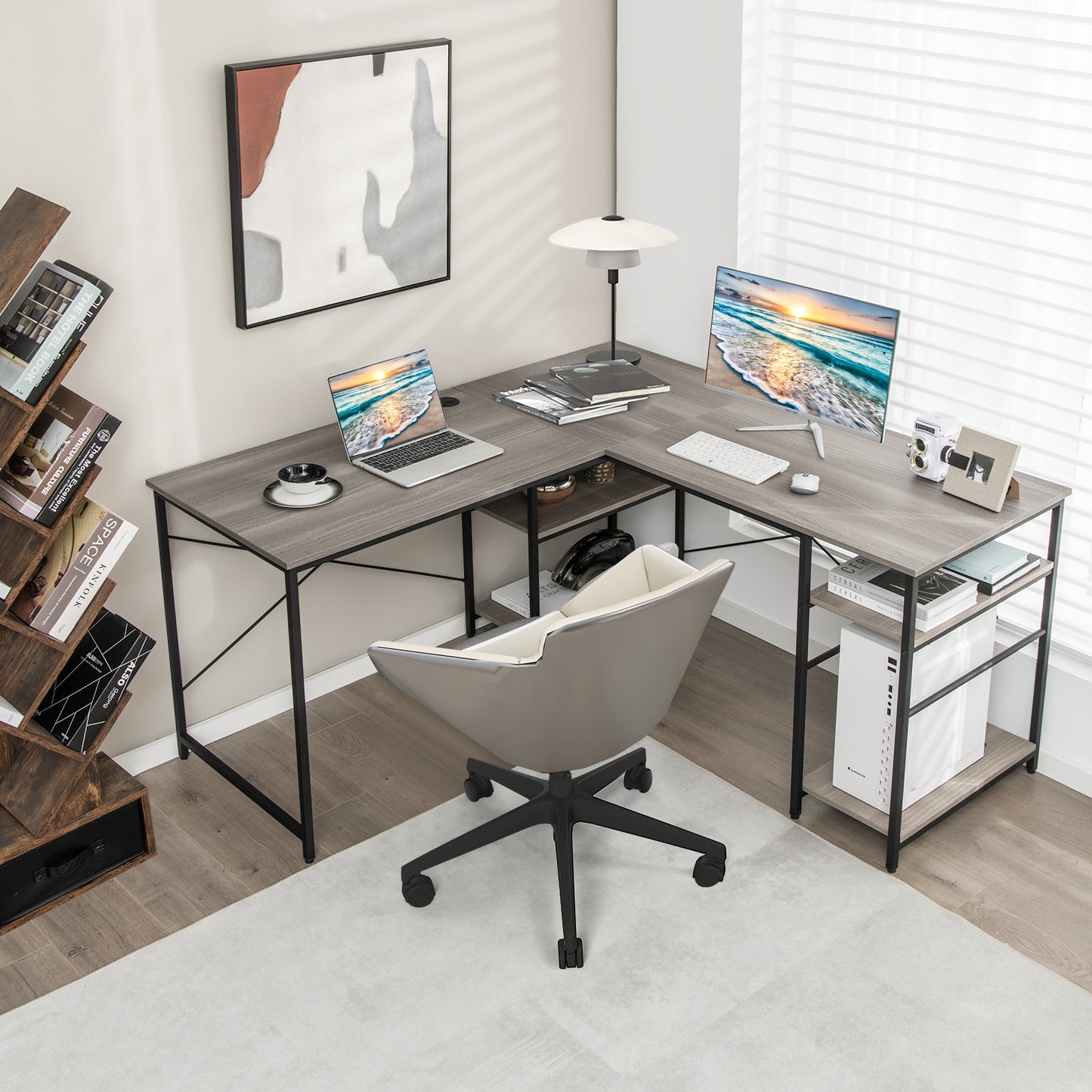 Topbuy Large L-shaped Computer Desk 60inch Convertible Corner Desk with 4 Storage Shelves 95inch 2-Person Long Study Writing Workstation