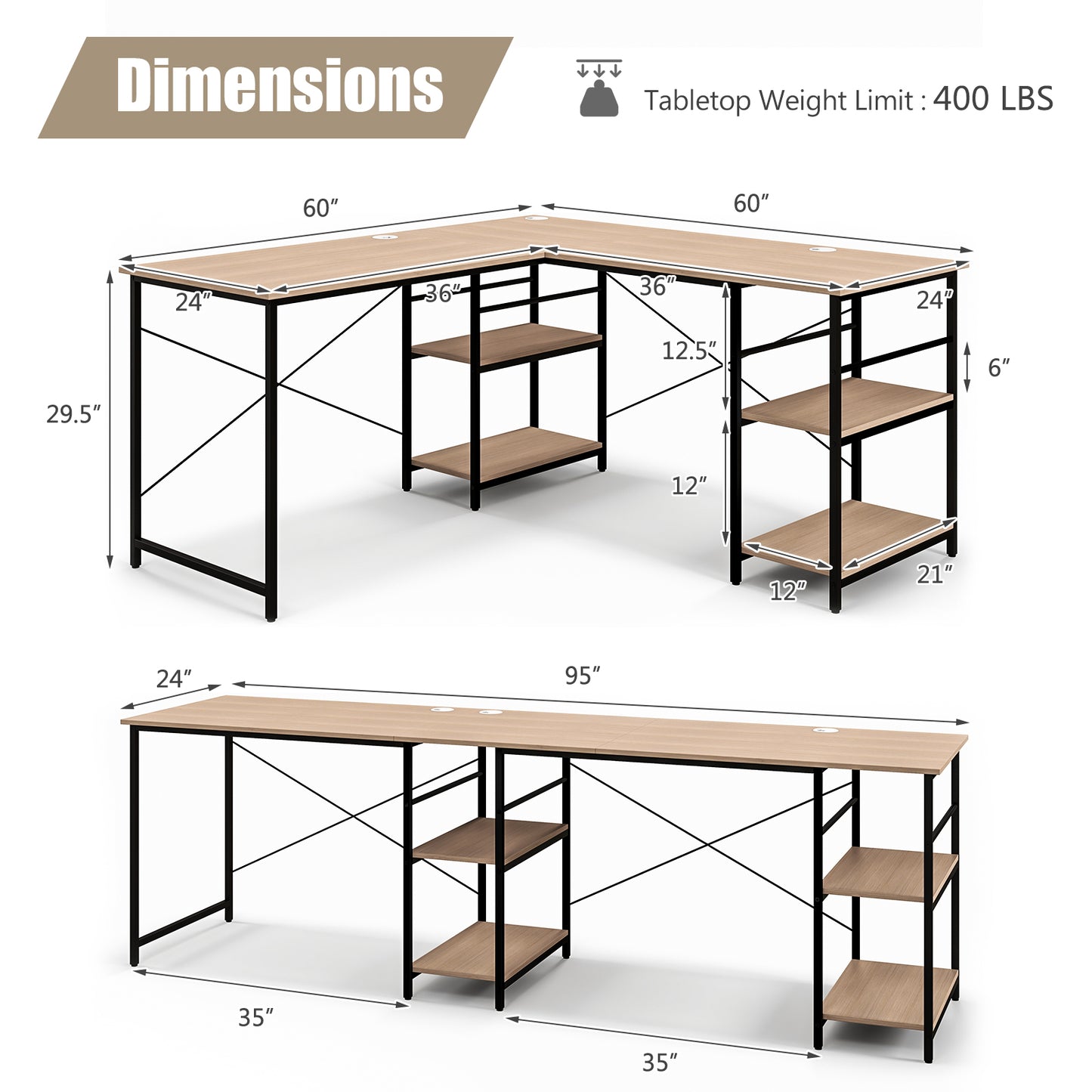 Topbuy Large L-shaped Computer Desk 60inch Convertible Corner Desk with 4 Storage Shelves 95inch 2-Person Long Study Writing Workstation