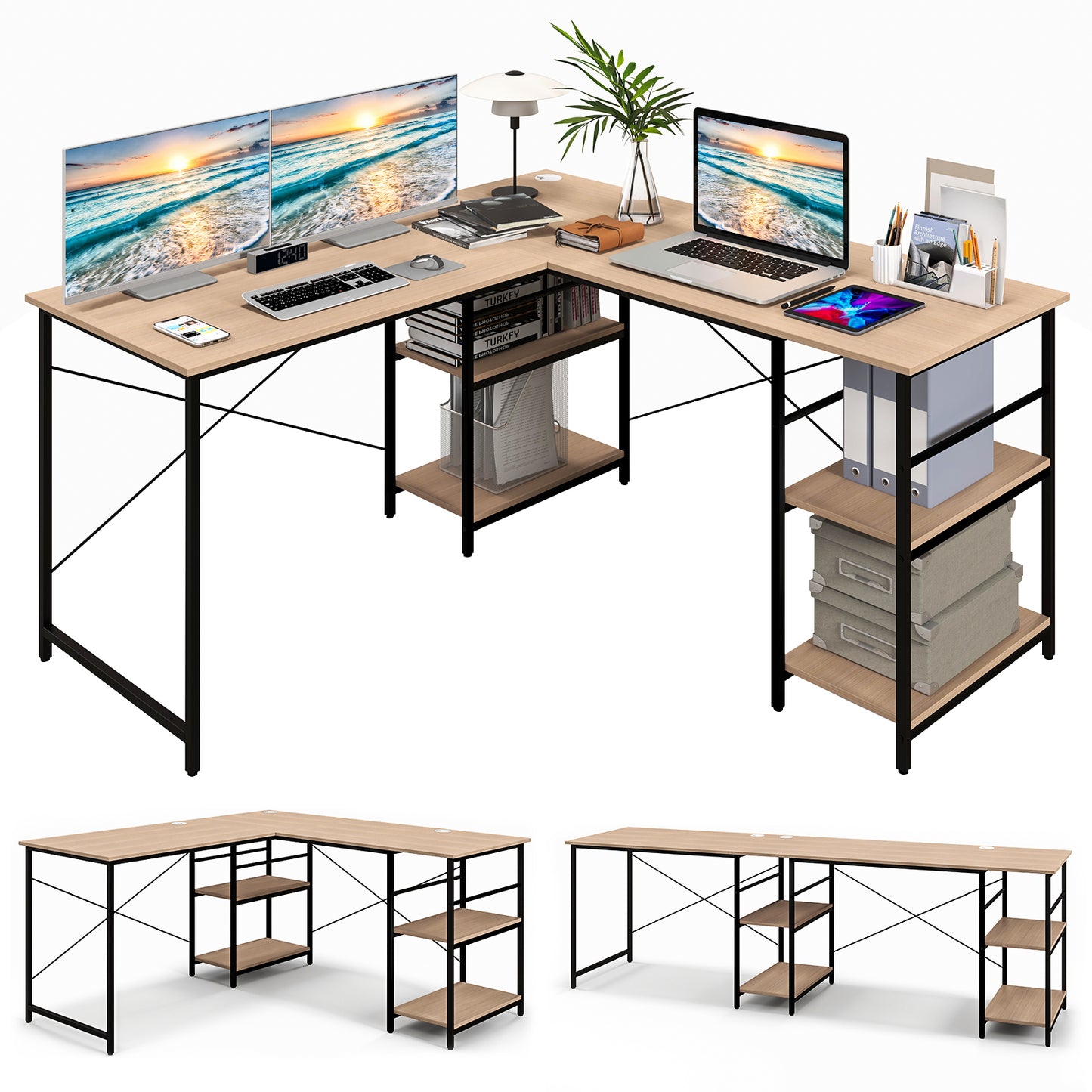 Topbuy Large L-shaped Computer Desk 60inch Convertible Corner Desk with 4 Storage Shelves 95inch 2-Person Long Study Writing Workstation