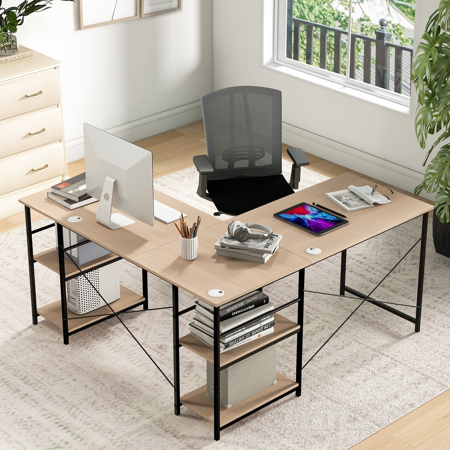 Topbuy Large L-shaped Computer Desk 60inch Convertible Corner Desk with 4 Storage Shelves 95inch 2-Person Long Study Writing Workstation
