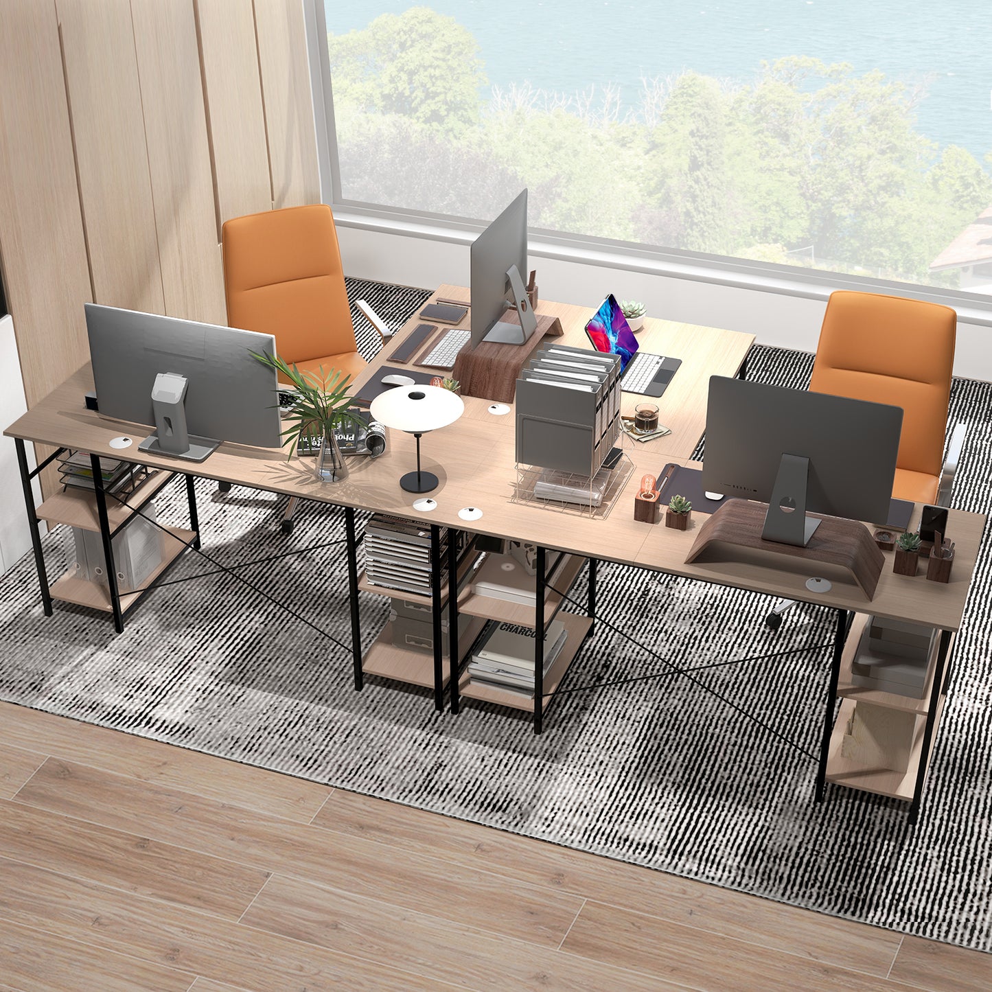 Topbuy Large L-shaped Computer Desk 60inch Convertible Corner Desk with 4 Storage Shelves 95inch 2-Person Long Study Writing Workstation