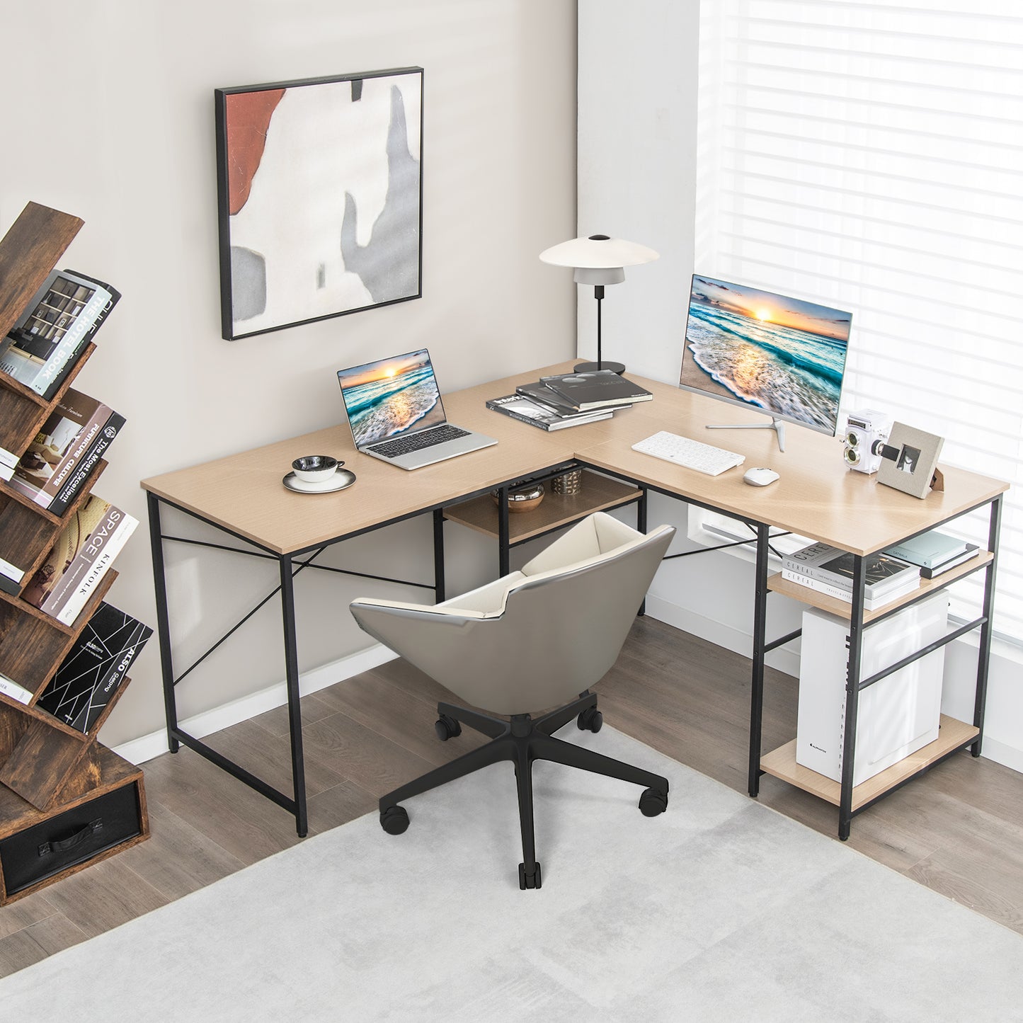 Topbuy Large L-shaped Computer Desk 60inch Convertible Corner Desk with 4 Storage Shelves 95inch 2-Person Long Study Writing Workstation