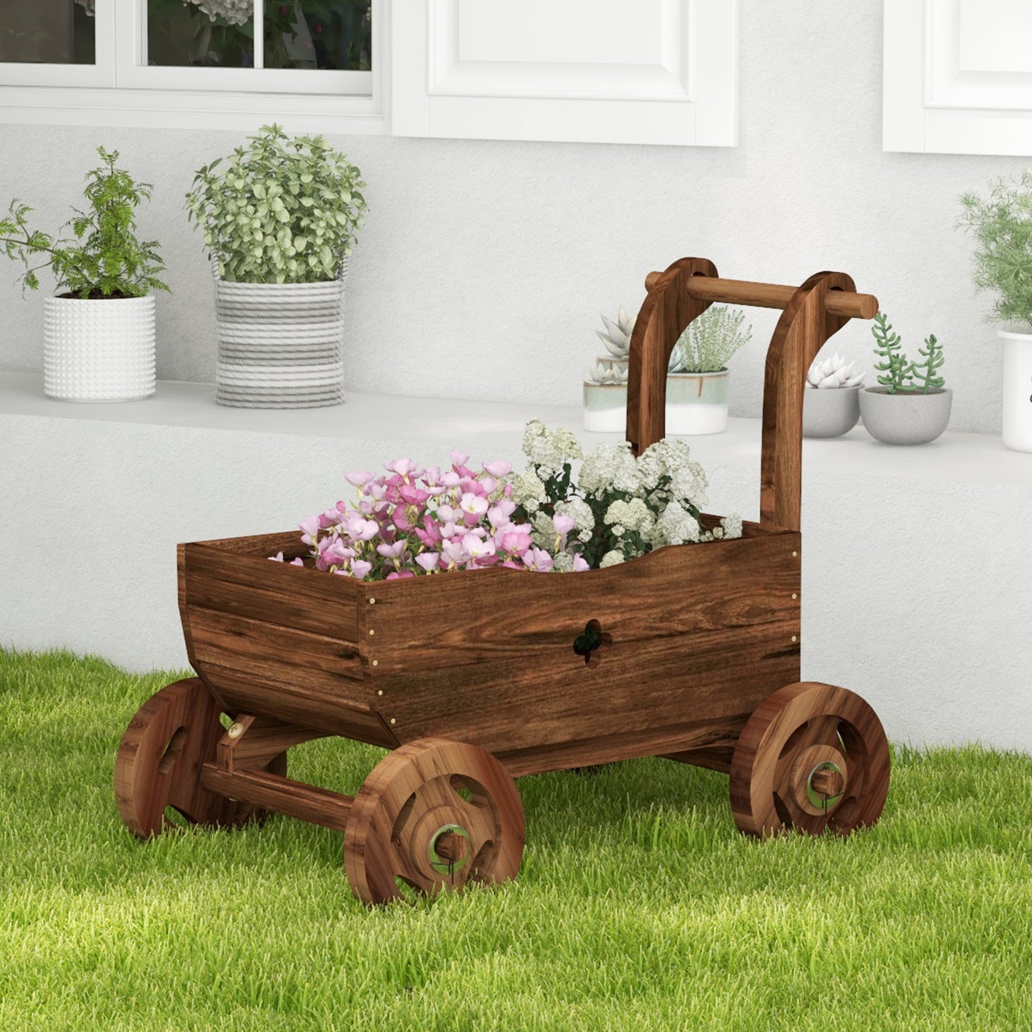 Patiojoy Wooden Wagon Planter Box Decorative Garden Planter w/ Wheels Handle Drain Hole Rustic Wooden Flower Planter