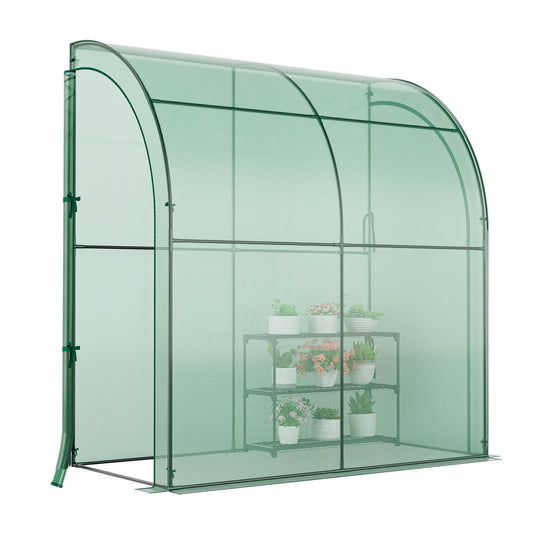 Patiojoy Lean-To Walk-In Greenhouse with Flower Rack 7' x 3.5' x 7' Wall Green House with Roll-Up Doors Waterproof PE Cover & Metal Frame